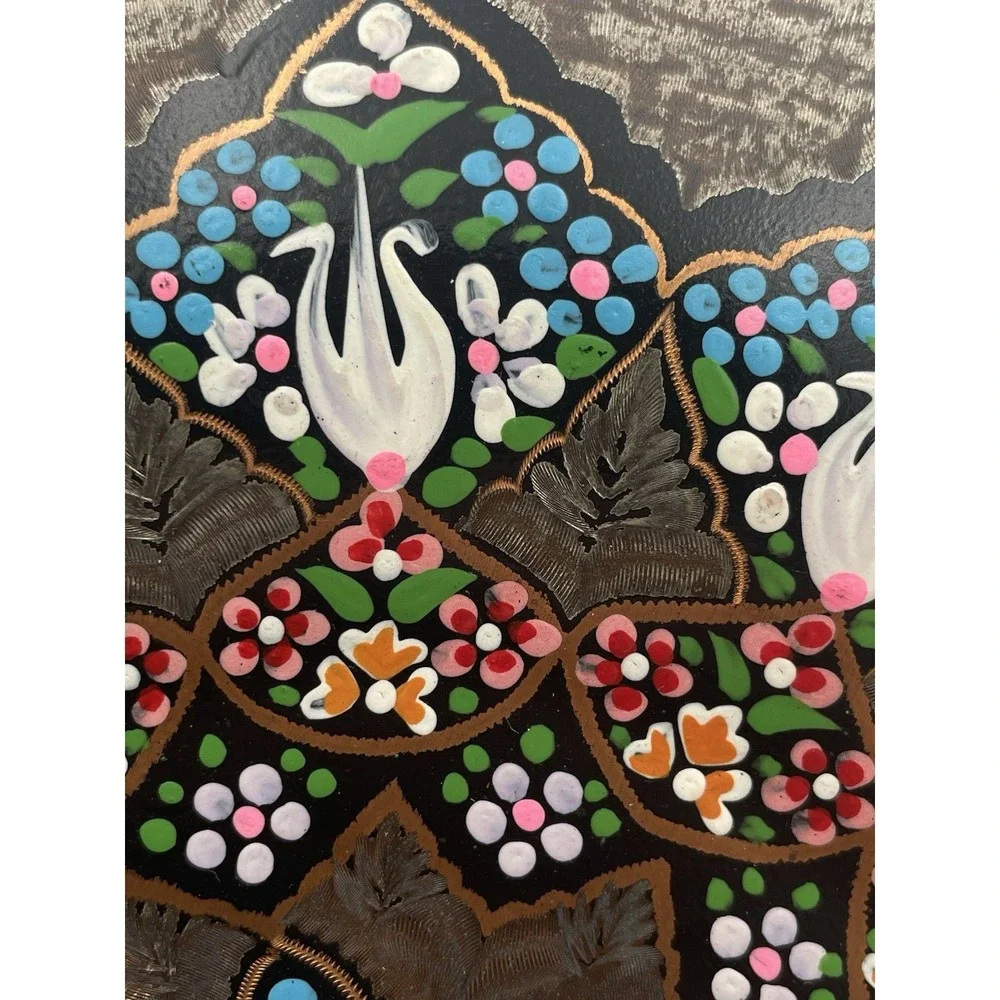 Vintage Turkish Etched Copper Wall Plate Hand-painted Enamel Hanging 7.5